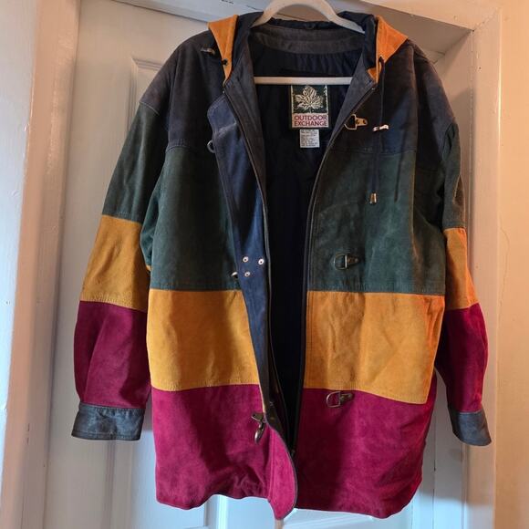 Vtg 90s Y2K Colorblock Stripped Leather Trench Coat Hood Outdoor Exchange L Read - Picture 15 of 15